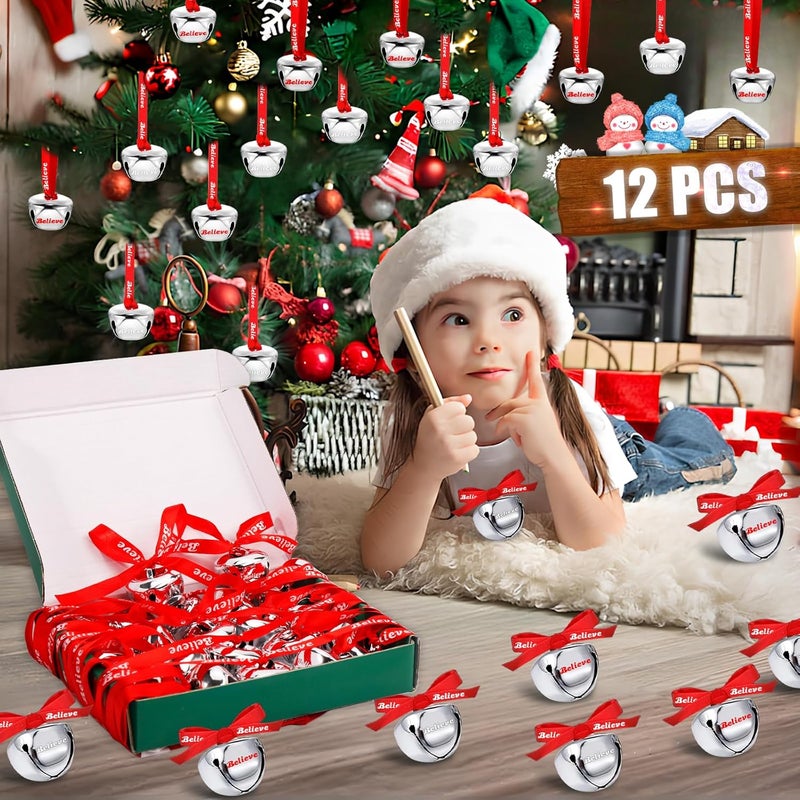 LUYI 12 Sets Christmas Bells Ornaments, Christmas Believe Bells Bulk Polar Express Decorations Xmas Party Gifts Favors Silver Sleigh Jingle Bells for Christmas Tree Home Decoration(1.6 Inch) - Image 3